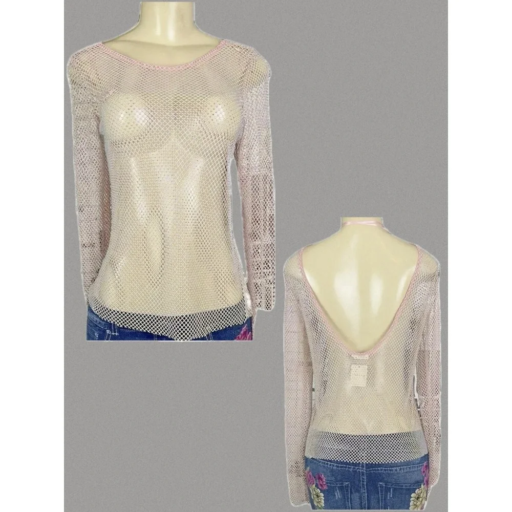 Free People Rhinestone Sheer Mesh Long Sleeve Top Rose Pink Deep V-Back Large